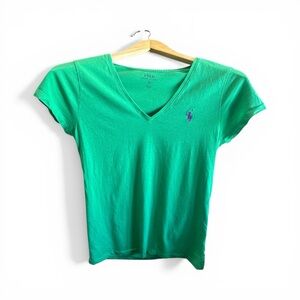 Ralph Lauren Kelly Green V-Neck Cotton Tee with Embroidered Pony Women’s Medium